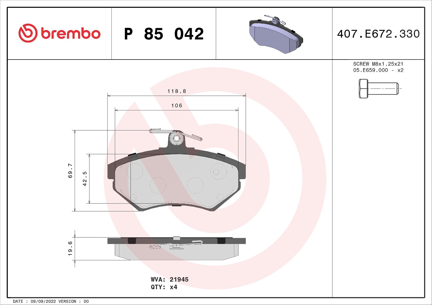 Brembo Bremsbelagsatz, Scheibenbremse [Hersteller-Nr. P85042] für VW, Audi