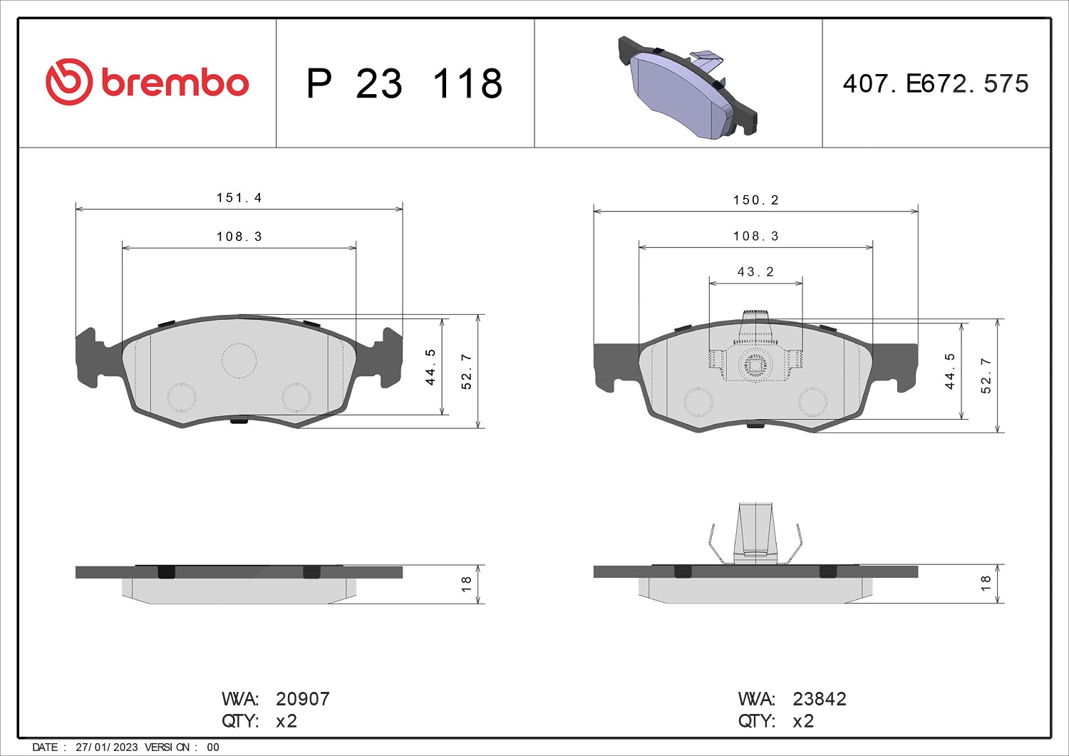 Brembo Bremsbelagsatz, Scheibenbremse [Hersteller-Nr. P23118] für Fiat