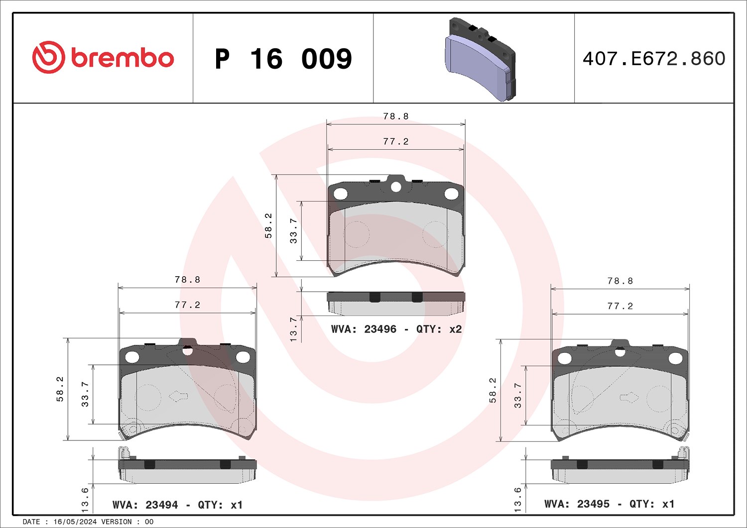 Brembo Bremsbelagsatz, Scheibenbremse [Hersteller-Nr. P16009] für Perodua, Daihatsu