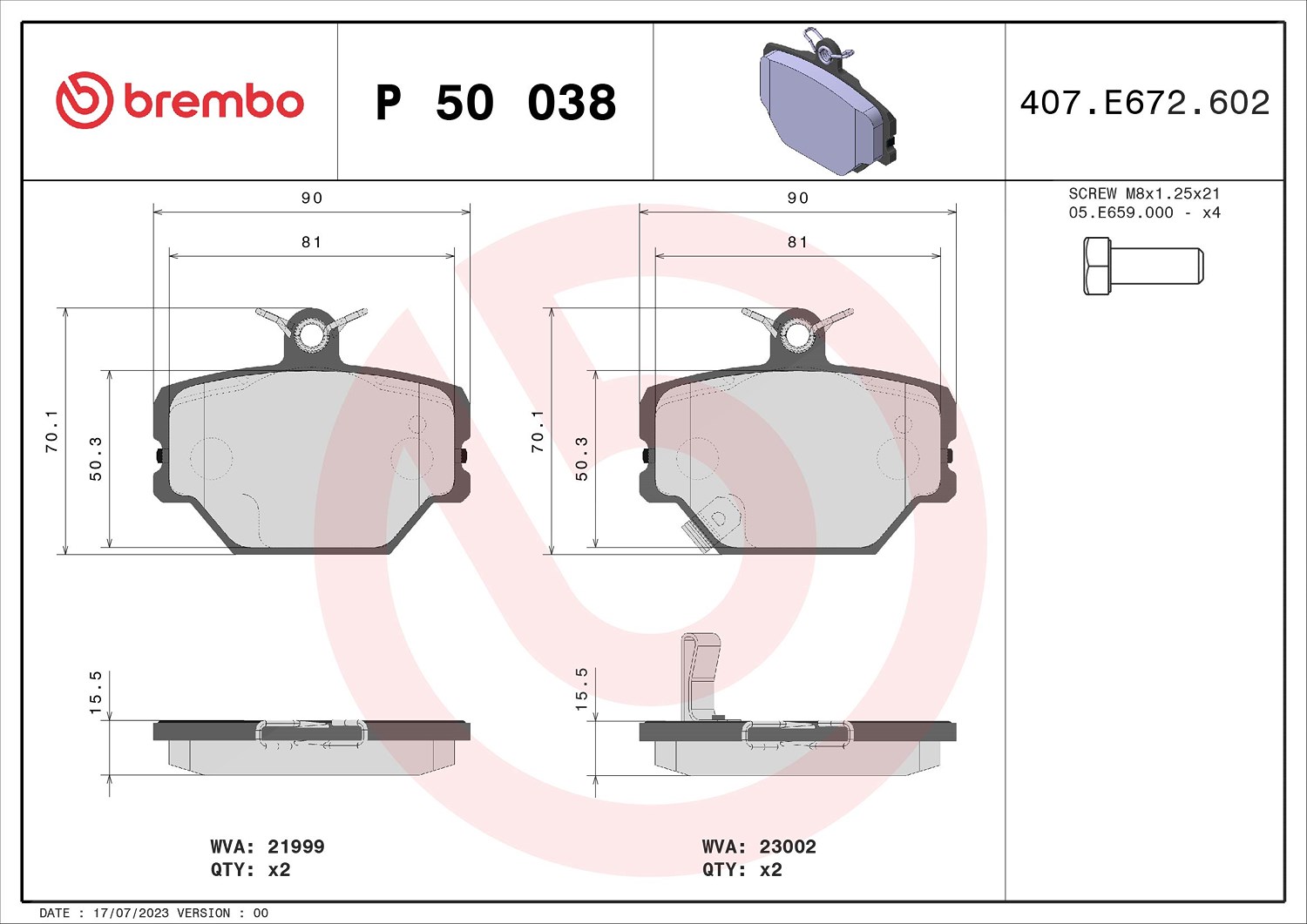 Brembo Bremsbelagsatz, Scheibenbremse [Hersteller-Nr. P50038] für Smart