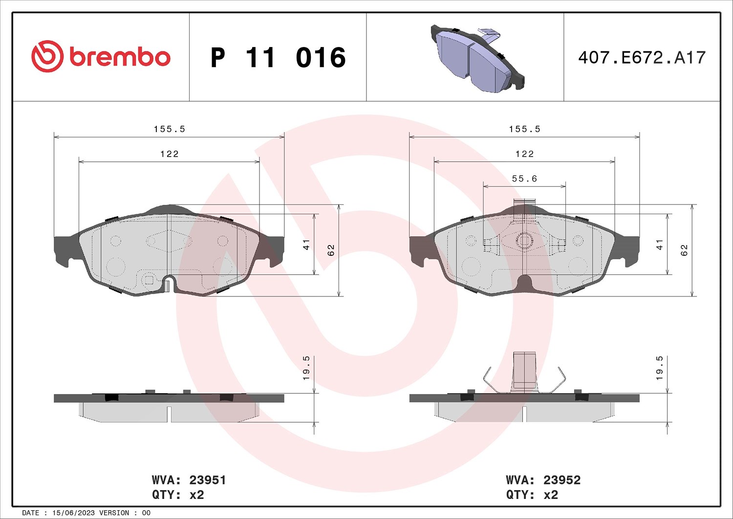 Brembo Bremsbelagsatz, Scheibenbremse [Hersteller-Nr. P11016] für Dodge, Chrysler