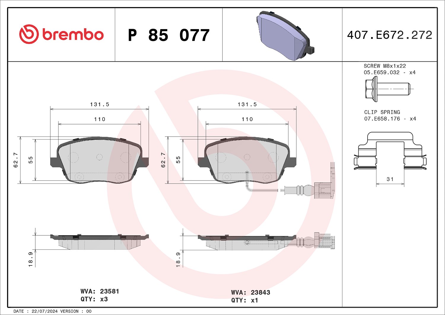 Brembo Bremsbelagsatz, Scheibenbremse [Hersteller-Nr. P85077] für Skoda, VW, Seat