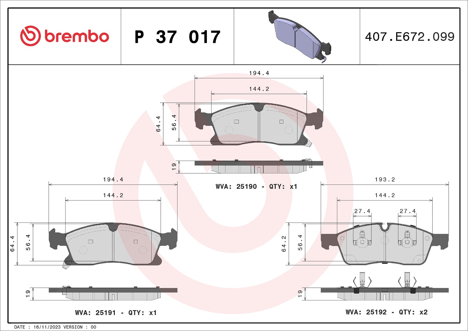 Brembo Bremsbelagsatz, Scheibenbremse [Hersteller-Nr. P37017] für Jeep, Dodge