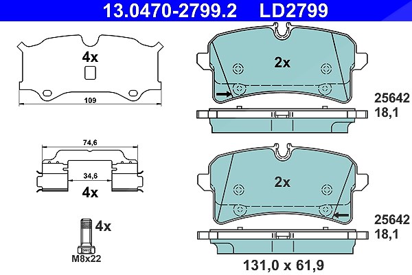Ate CERAMIC Bremsbelagsatz hinten [Hersteller-Nr. 13.0470-2799.2] für Porsche