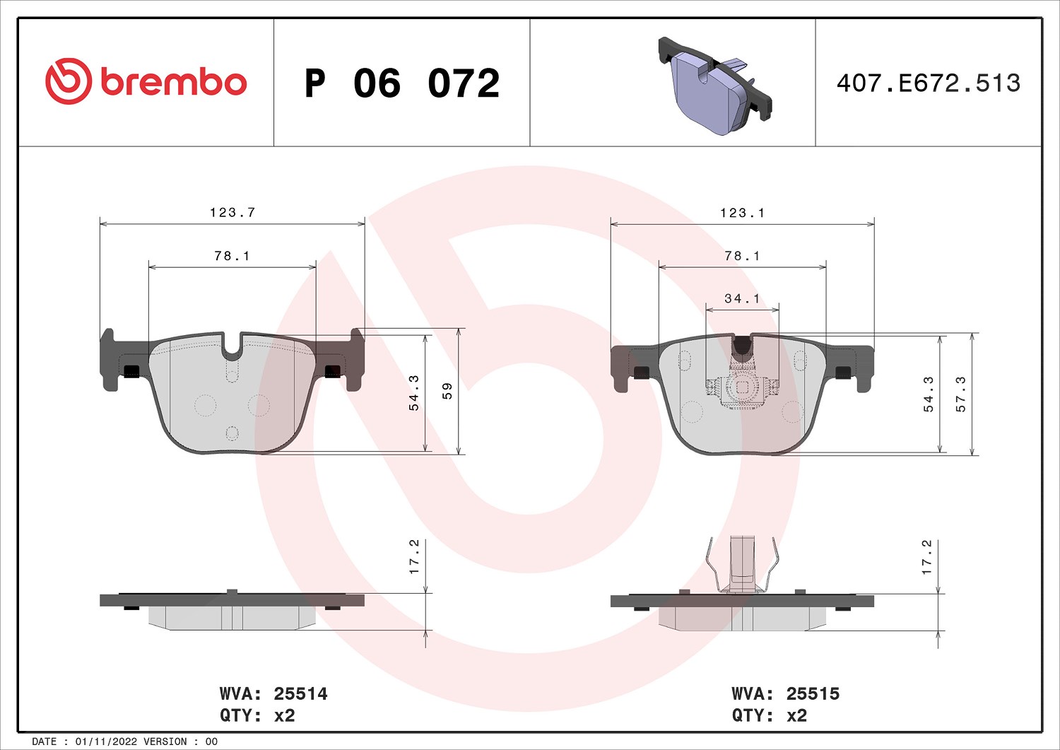 Brembo Bremsbelagsatz, Scheibenbremse [Hersteller-Nr. P06072] für BMW
