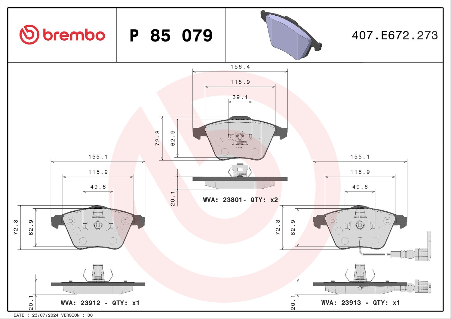 Brembo Bremsbelagsatz, Scheibenbremse [Hersteller-Nr. P85079] für Audi, Seat, VW, Skoda