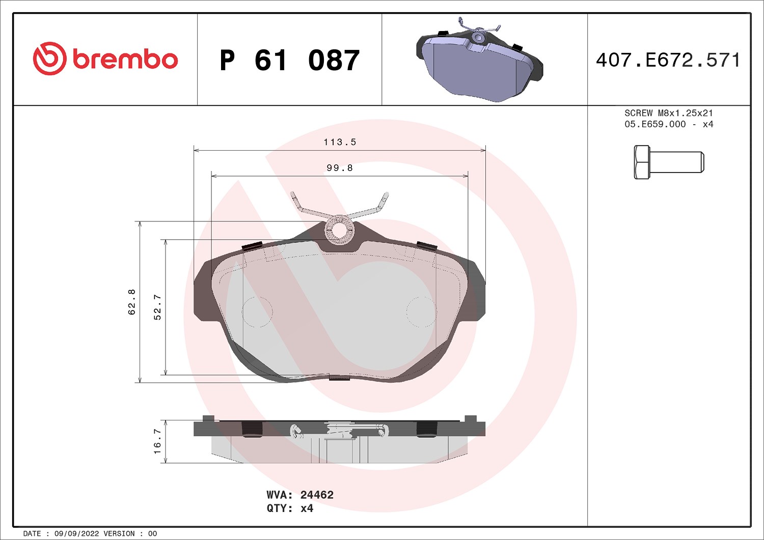 Brembo Bremsbelagsatz, Scheibenbremse [Hersteller-Nr. P61087] für Citroën