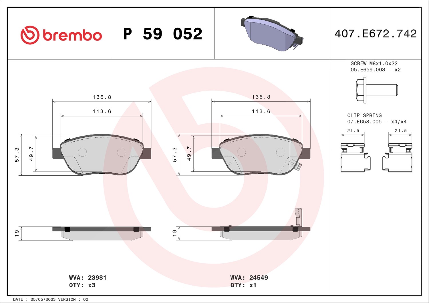 Brembo Bremsbeläge vorne (Satz) [Hersteller-Nr. P59052] für Fiat, Vauxhall, Opel