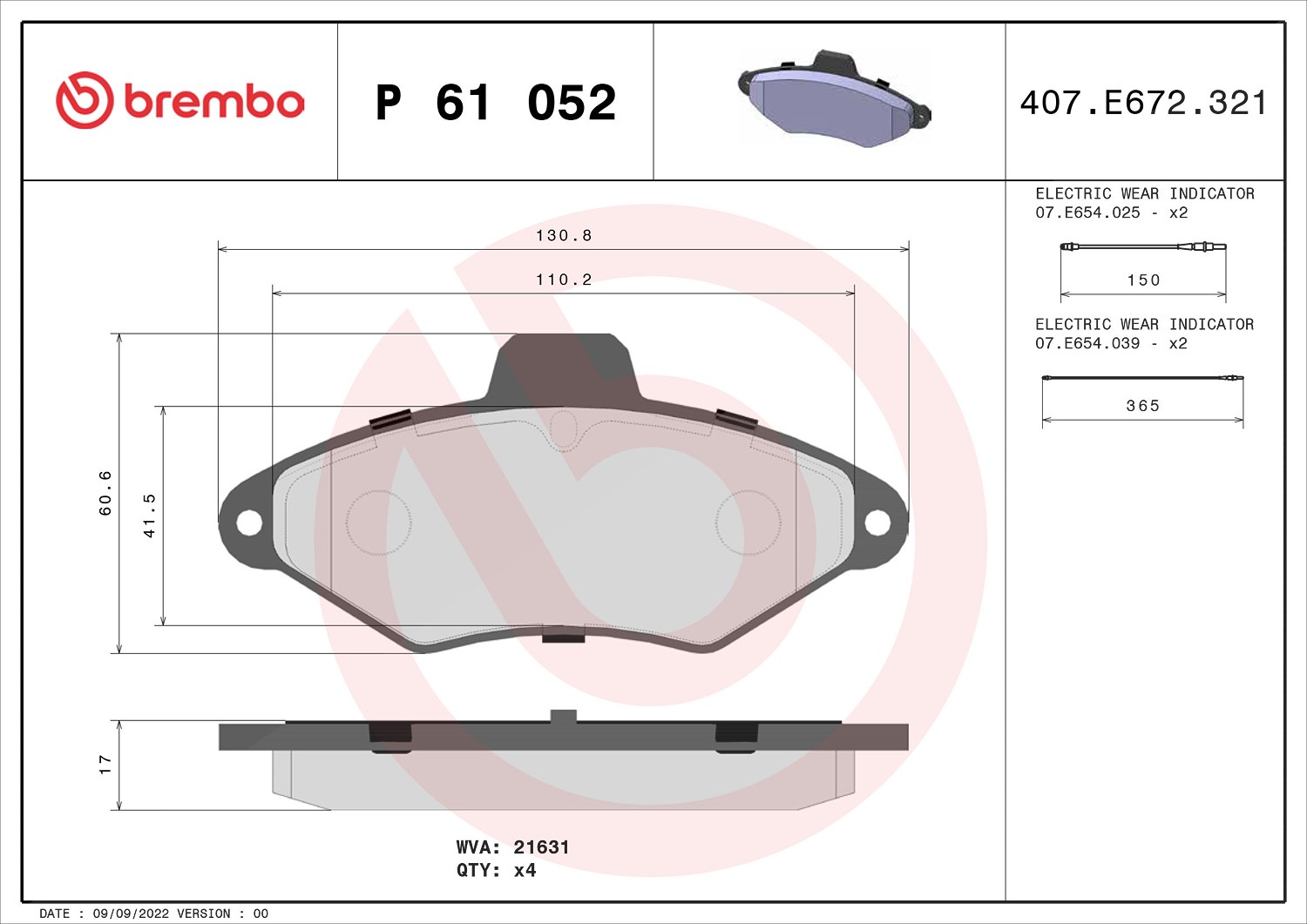 Brembo Bremsbelagsatz, Scheibenbremse [Hersteller-Nr. P61052] für Citroën