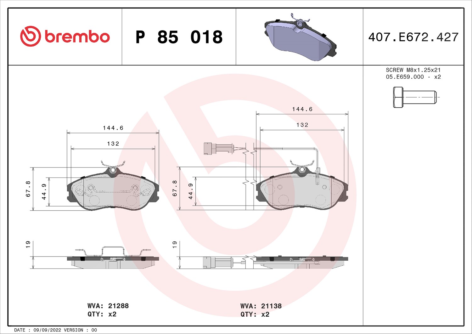 Brembo Bremsbelagsatz, Scheibenbremse [Hersteller-Nr. P85018] für Audi