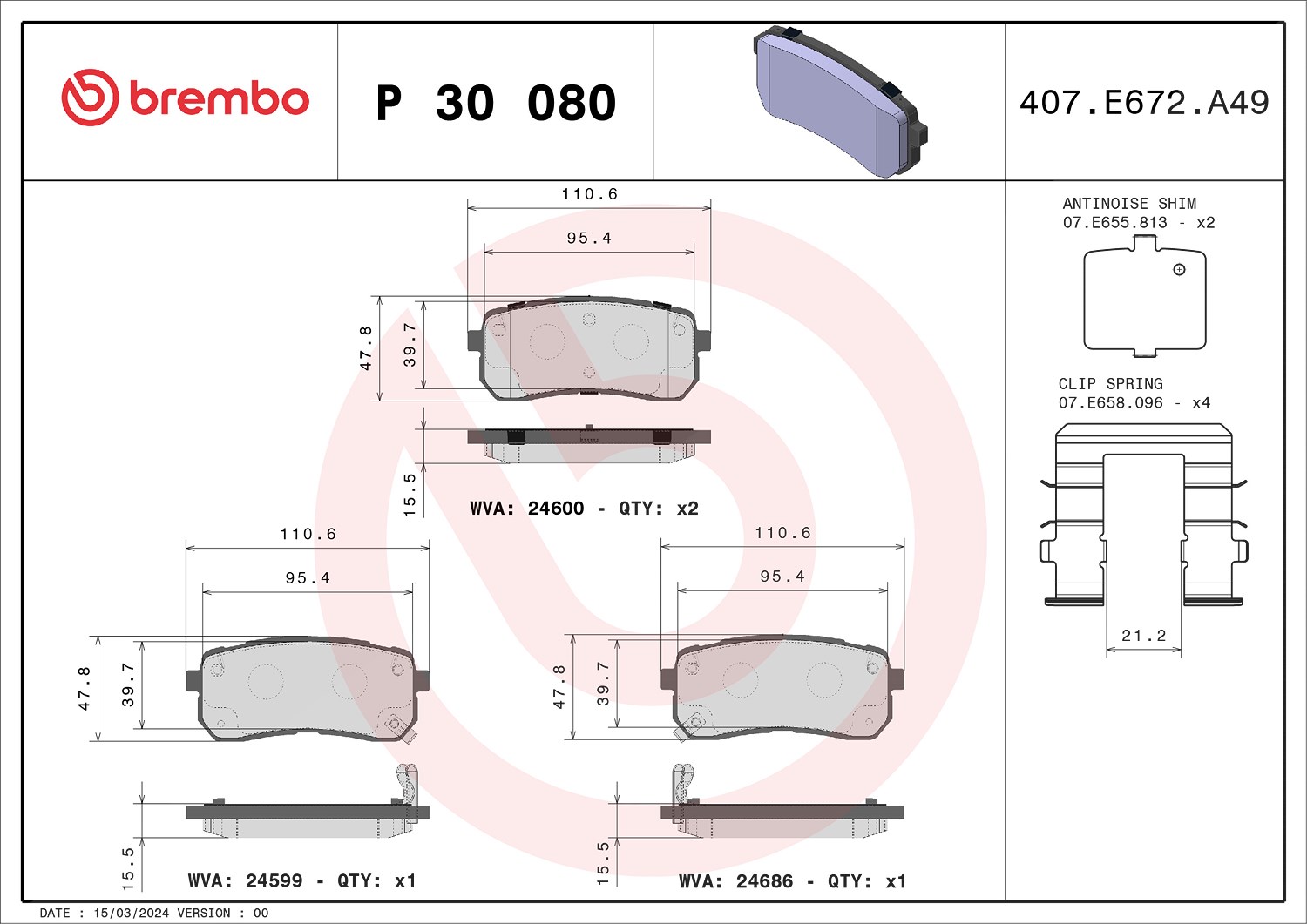 Brembo Bremsbelagsatz, Scheibenbremse [Hersteller-Nr. P30080] für Hyundai, Kia