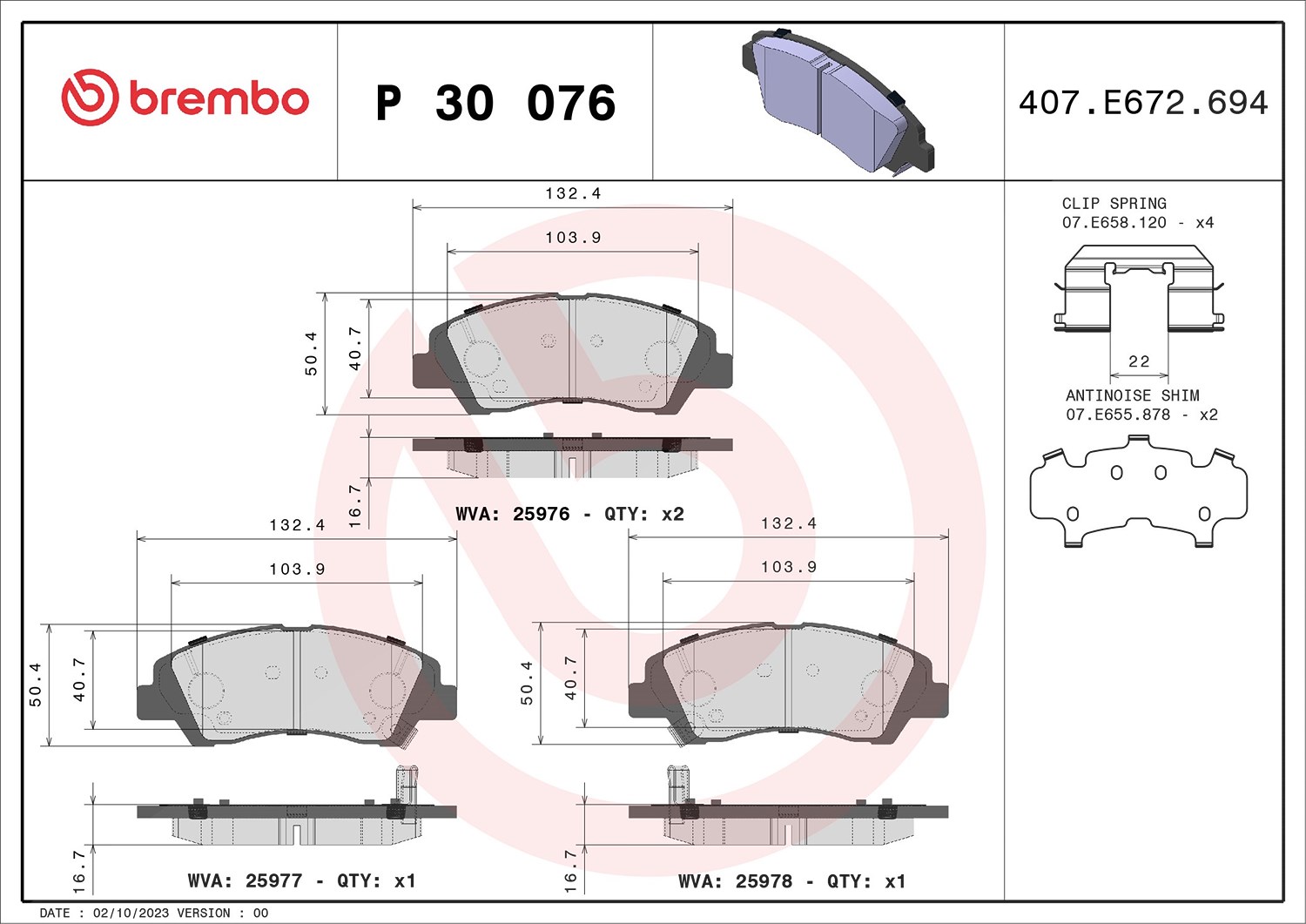 Brembo Bremsbelagsatz, Scheibenbremse [Hersteller-Nr. P30076] für Hyundai