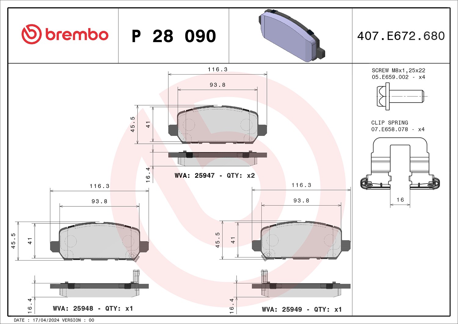 Brembo Bremsbelagsatz, Scheibenbremse [Hersteller-Nr. P28090] für Honda