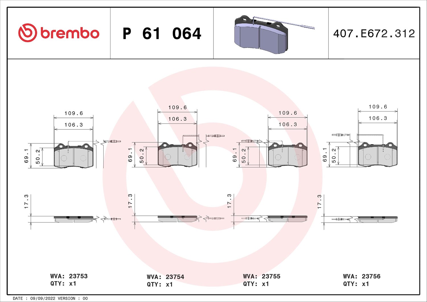 Brembo Bremsbelagsatz, Scheibenbremse [Hersteller-Nr. P61064] für Peugeot