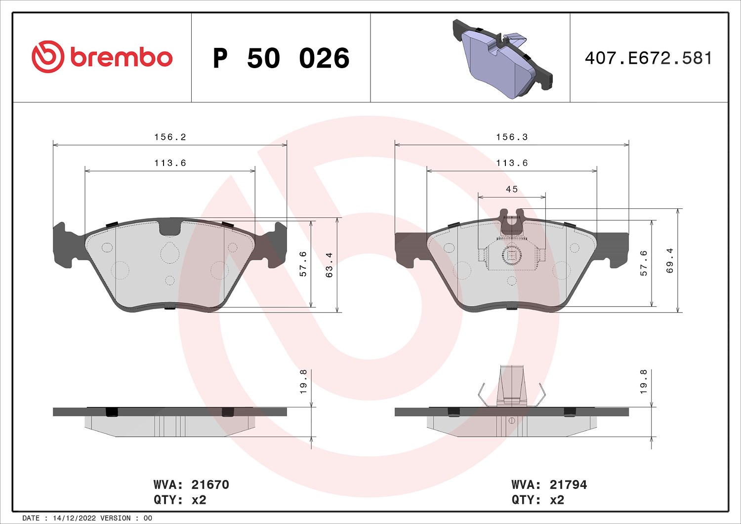 Brembo Bremsbelagsatz, Scheibenbremse [Hersteller-Nr. P50026] für Chrysler, Mercedes-Benz