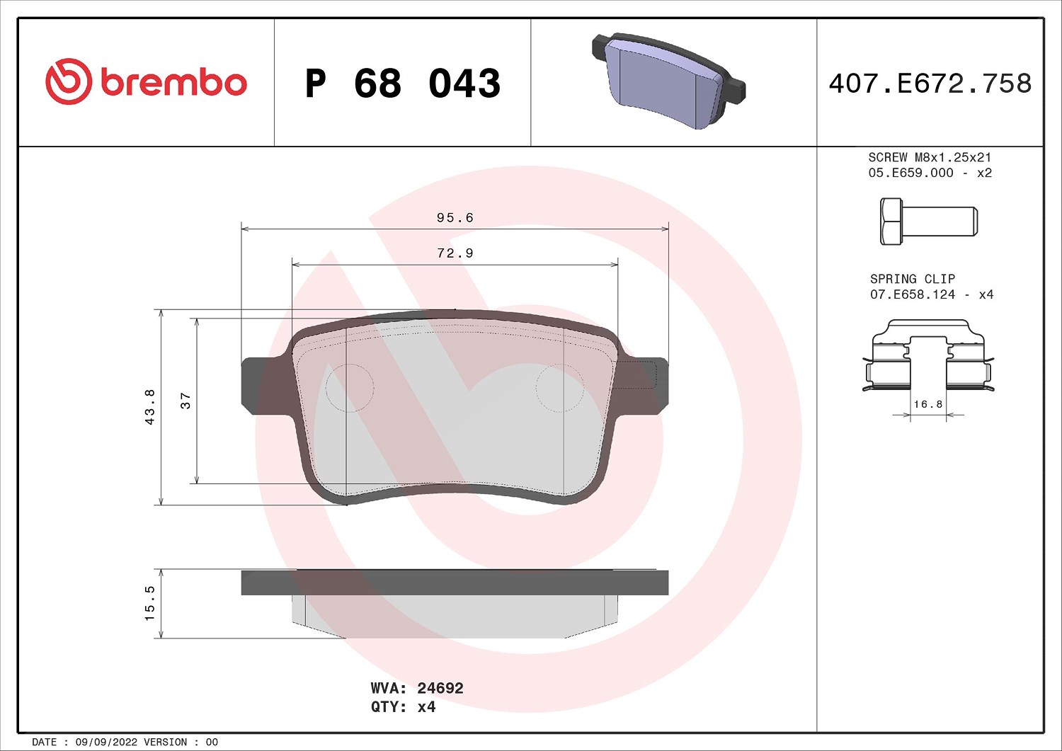 Brembo Bremsbelagsatz, Scheibenbremse [Hersteller-Nr. P68043] für Renault