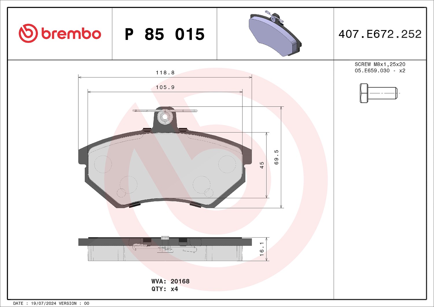 Brembo Bremsbelagsatz, Scheibenbremse [Hersteller-Nr. P85015] für VW, Seat