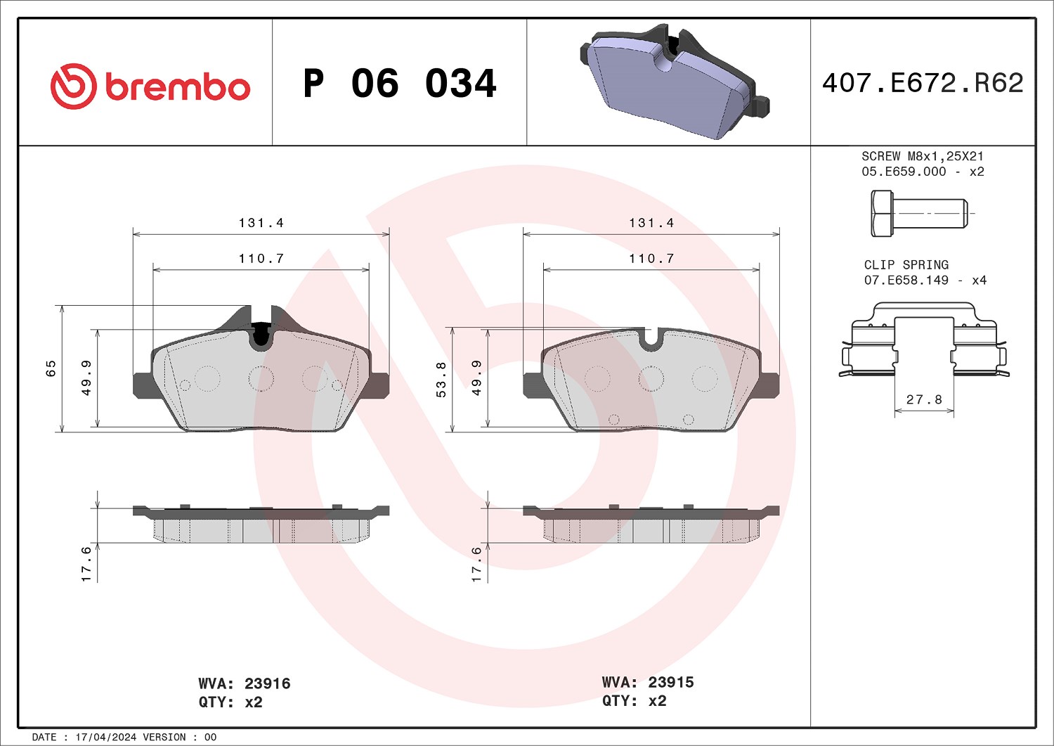 Brembo Bremsbelagsatz, Scheibenbremse [Hersteller-Nr. P06034X] für BMW, Mini