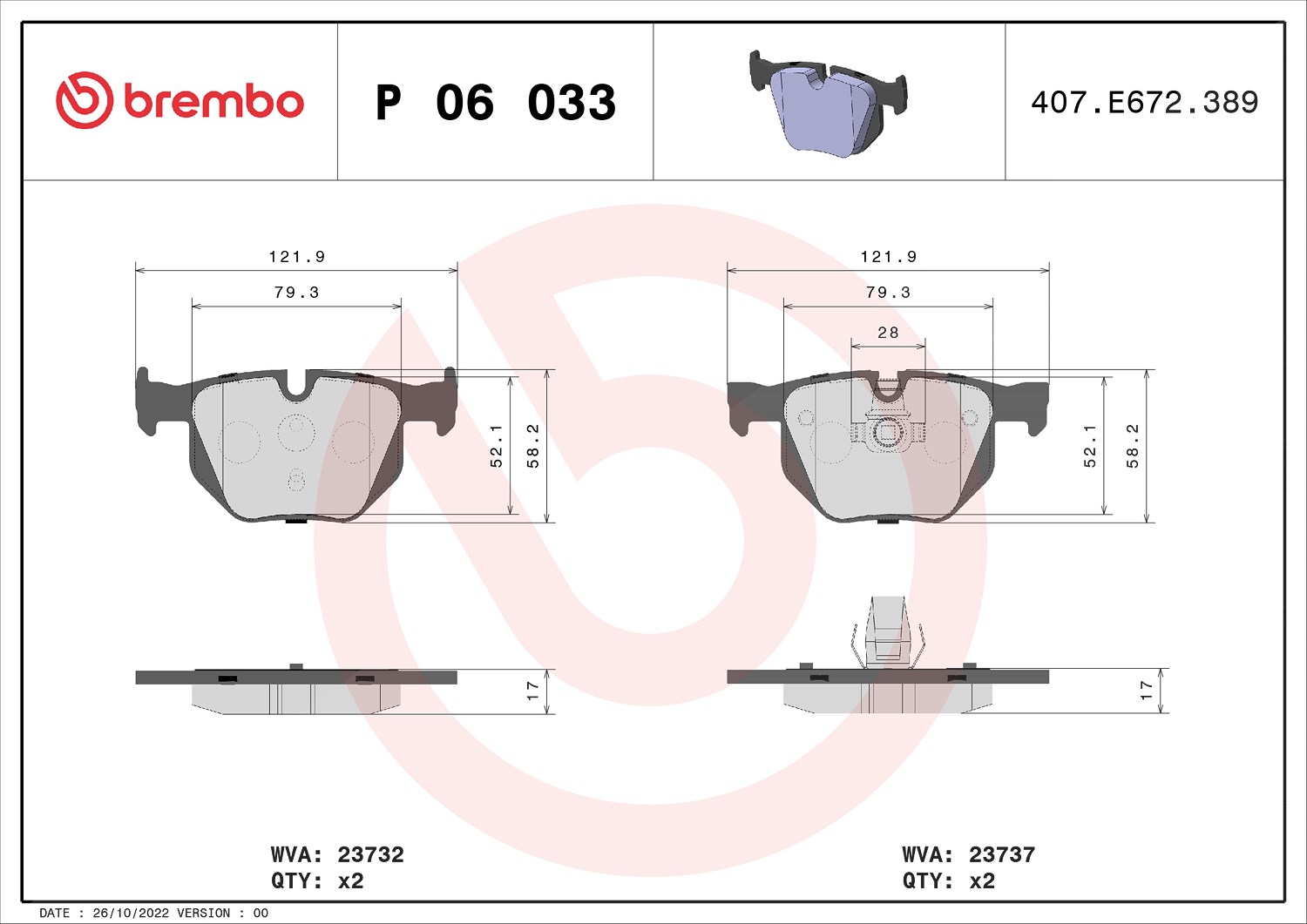 Brembo Bremsbelagsatz, Scheibenbremse [Hersteller-Nr. P06033X] für BMW