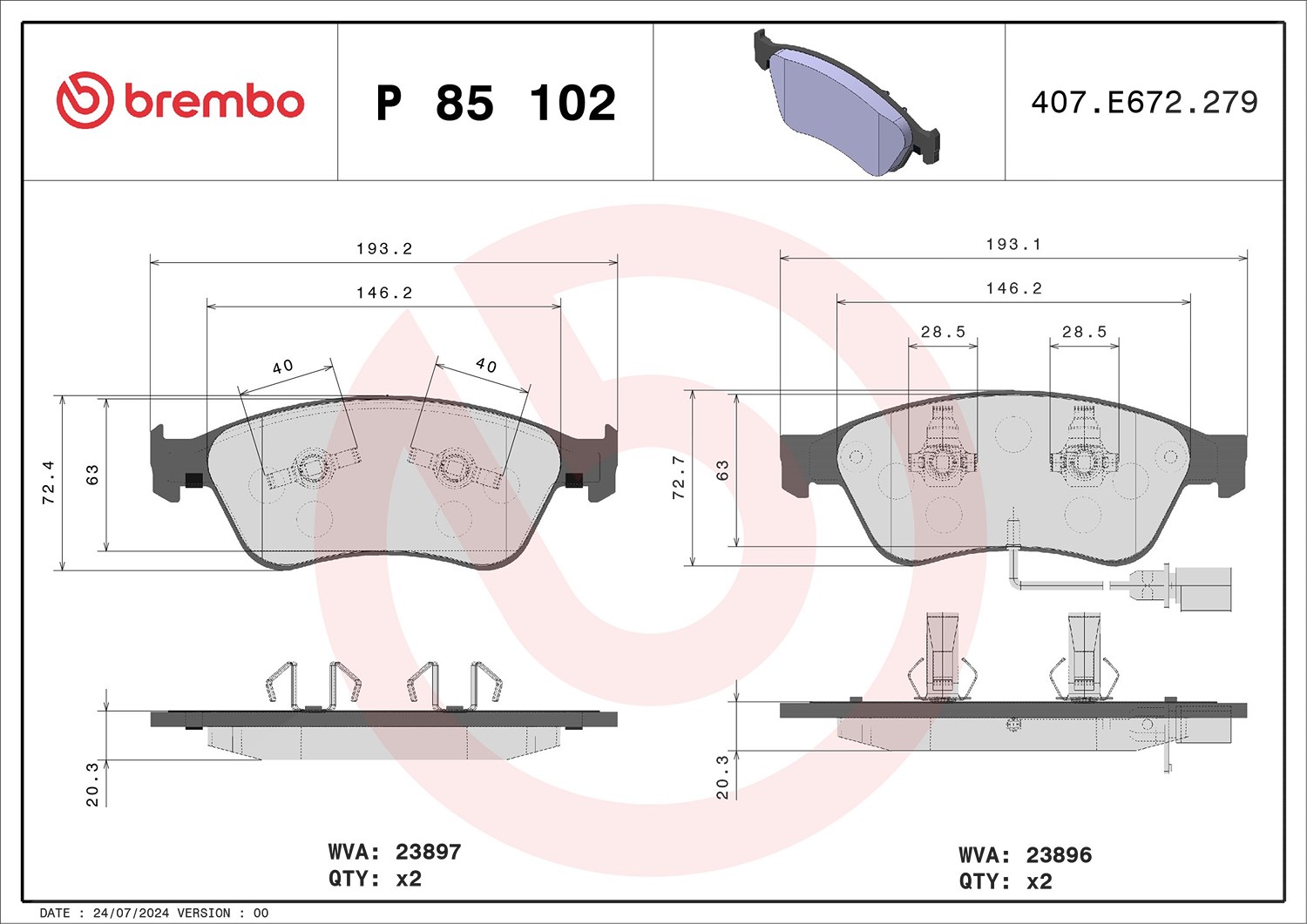 Brembo Bremsbelagsatz, Scheibenbremse [Hersteller-Nr. P85102] für Audi, VW