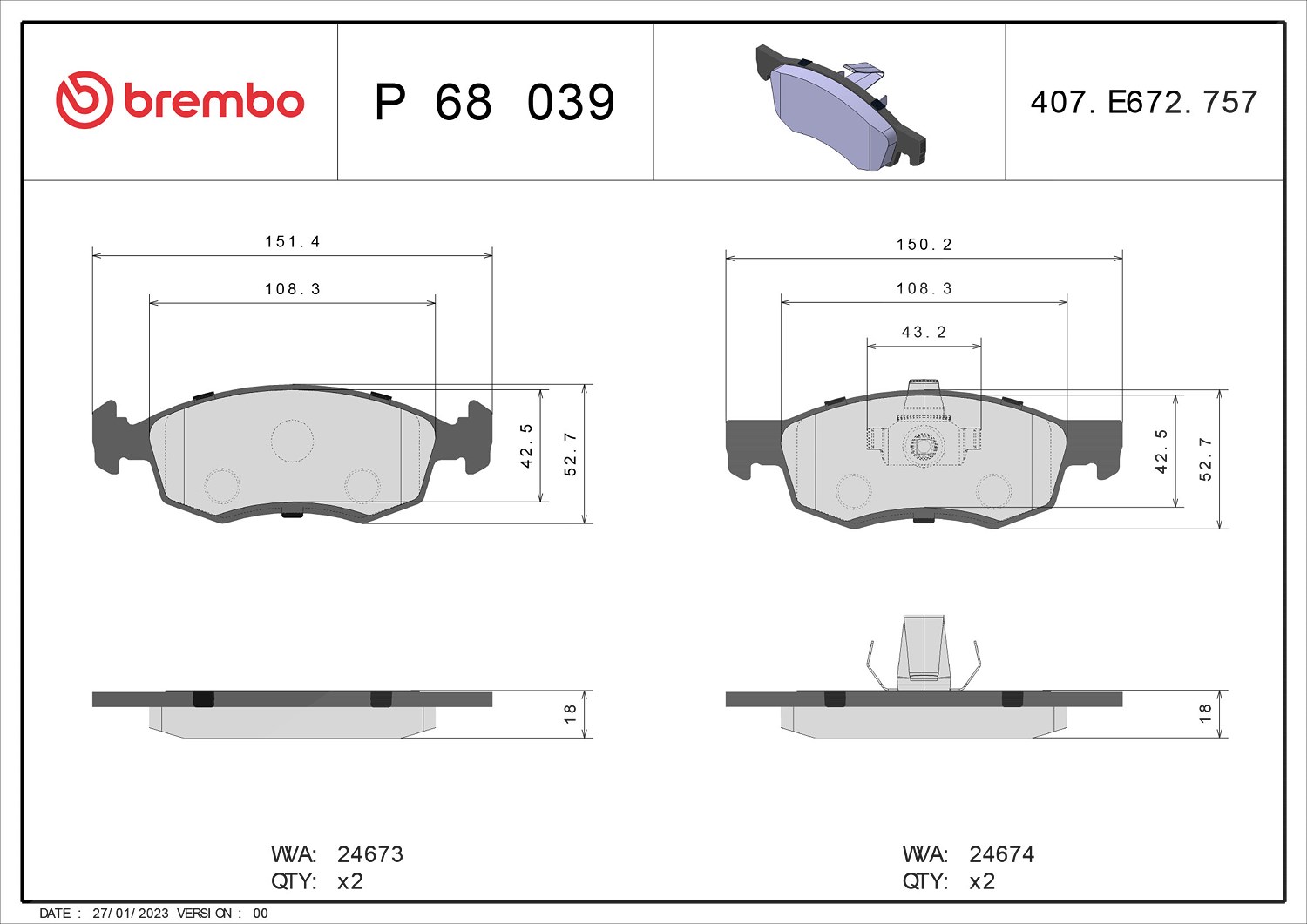 Brembo Bremsbelag (Satz) Vorderachse [Hersteller-Nr. P68039] für Lada, Renault, Dacia