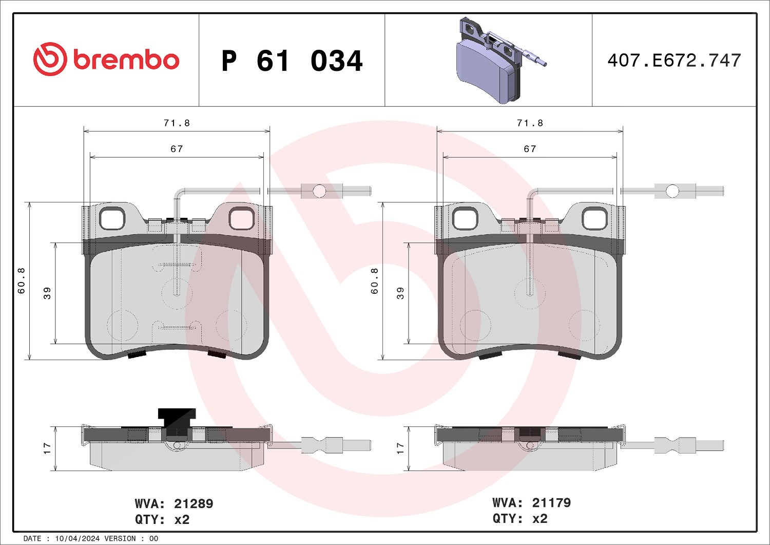 Brembo Bremsbeläge vorne (Satz) mit VWK [Hersteller-Nr. P61034] für Citroën, Peugeot