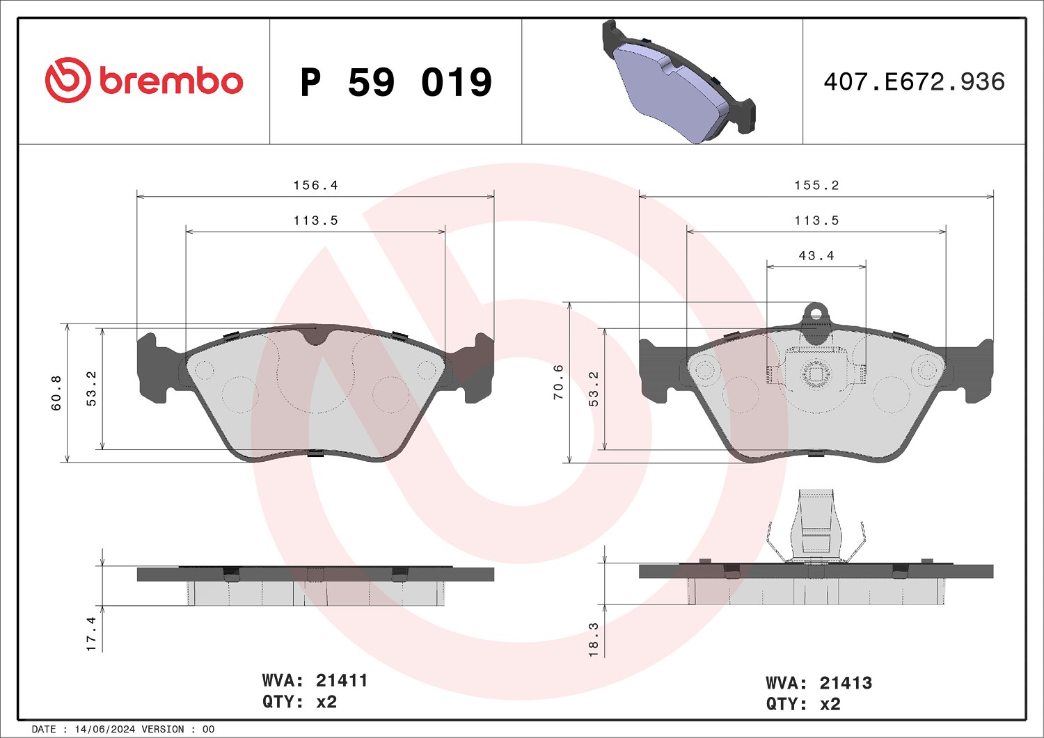 Brembo Bremsbelagsatz, Scheibenbremse [Hersteller-Nr. P59019] für Vauxhall, Opel, Saab