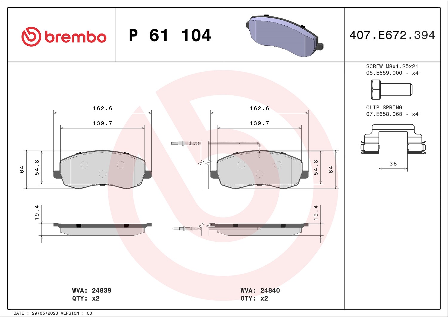 Brembo Bremsbelagsatz, Scheibenbremse [Hersteller-Nr. P61104] für Fiat, Peugeot, Lancia, Citroën