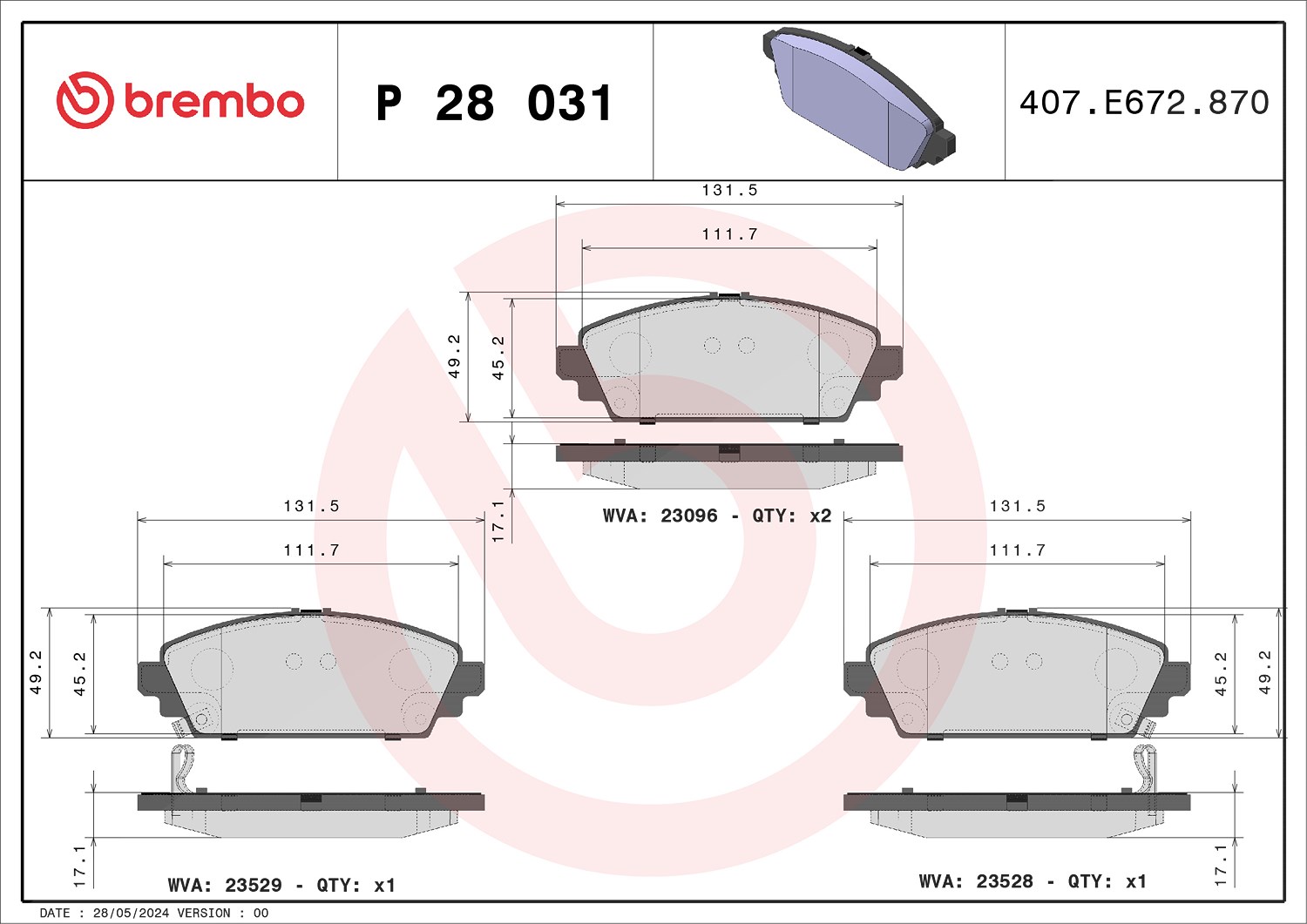 Brembo P 28 031 Bremsbelagsatz, Scheibenbremse - (4-teilig) - Bild 3