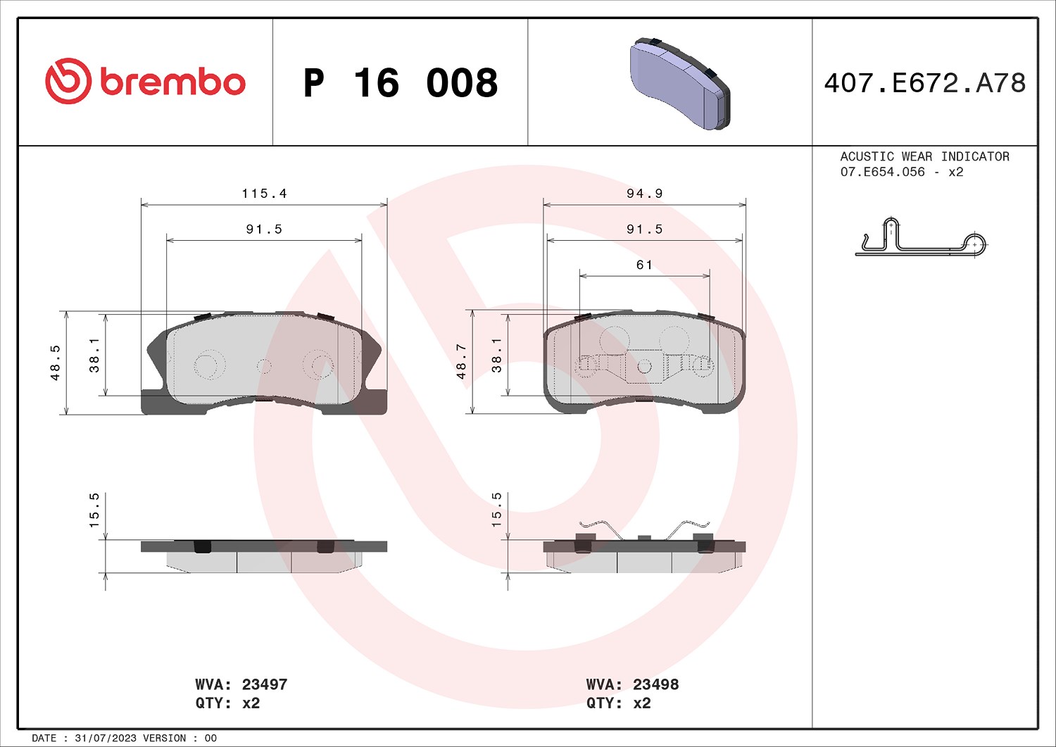 Brembo Bremsbelagsatz, Scheibenbremse [Hersteller-Nr. P16008] für Daihatsu, Perodua
