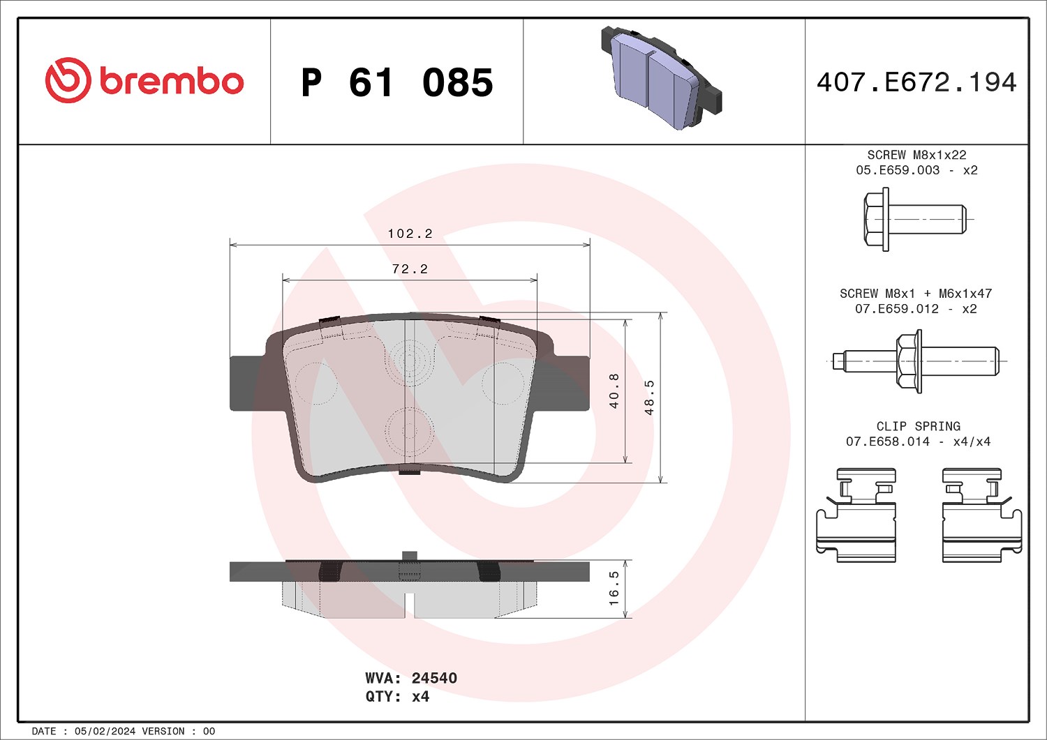 Brembo Bremsbeläge hinten (Satz) [Hersteller-Nr. P61085] für Citroën, Peugeot