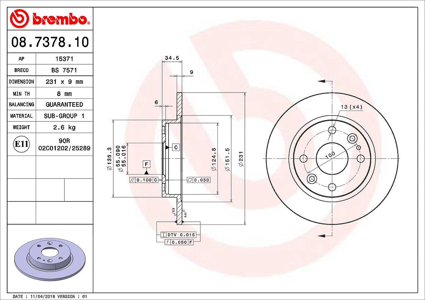 Brembo Bremsscheibe Hinterachse Voll [Hersteller-Nr. 08.7378.10] für Mazda