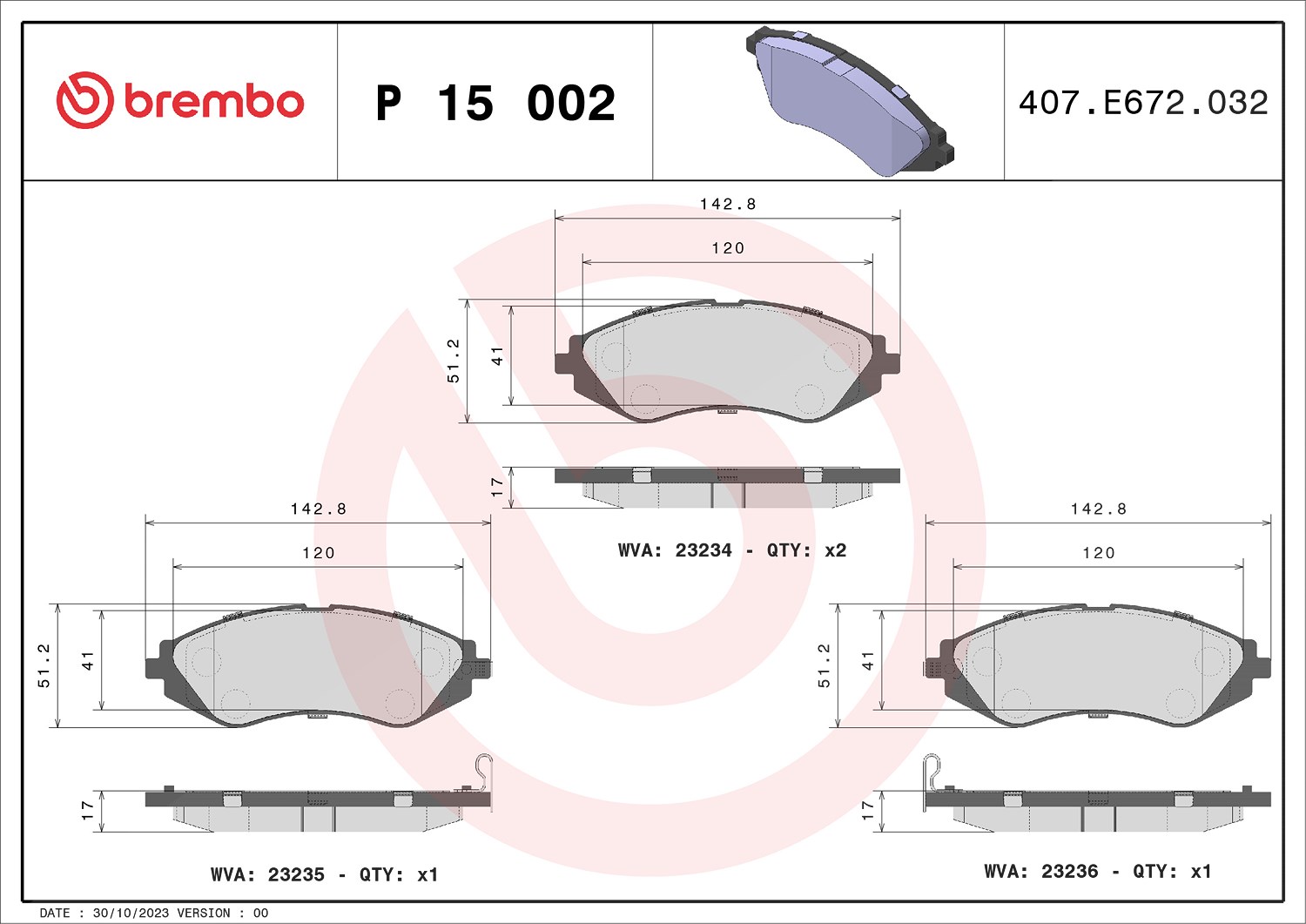 Brembo Bremsbelagsatz, Scheibenbremse [Hersteller-Nr. P15002] für Chevrolet, Daewoo
