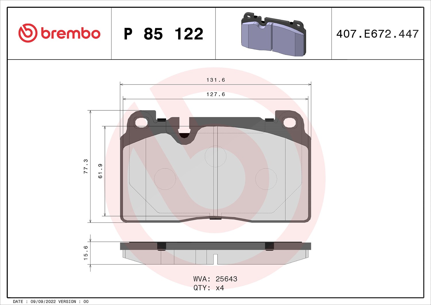 Brembo Bremsbelagsatz, Scheibenbremse [Hersteller-Nr. P85122] für Audi