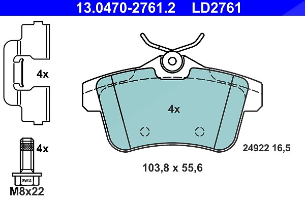 Ate CERAMIC Bremsbelagsatz hinten [Hersteller-Nr. 13.0470-2761.2] für Peugeot, Ds, Citroën
