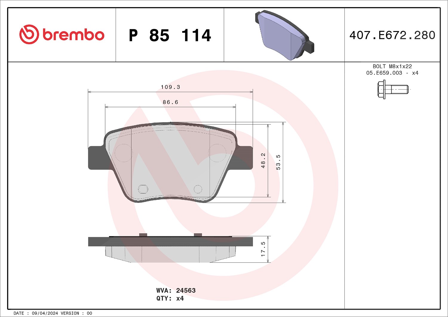 Brembo Bremsbelagsatz, Scheibenbremse [Hersteller-Nr. P85114X] für Audi, Seat, VW, Skoda