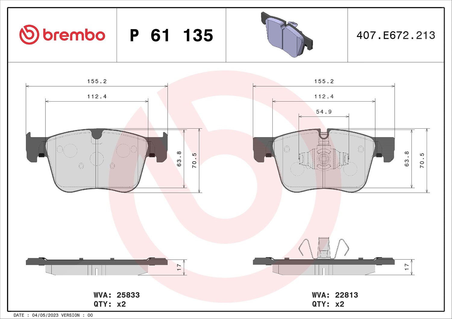 Brembo Bremsbelagsatz, Scheibenbremse [Hersteller-Nr. P61135] für Opel, Ds, Peugeot, Citroën, Vauxhall, Toyota