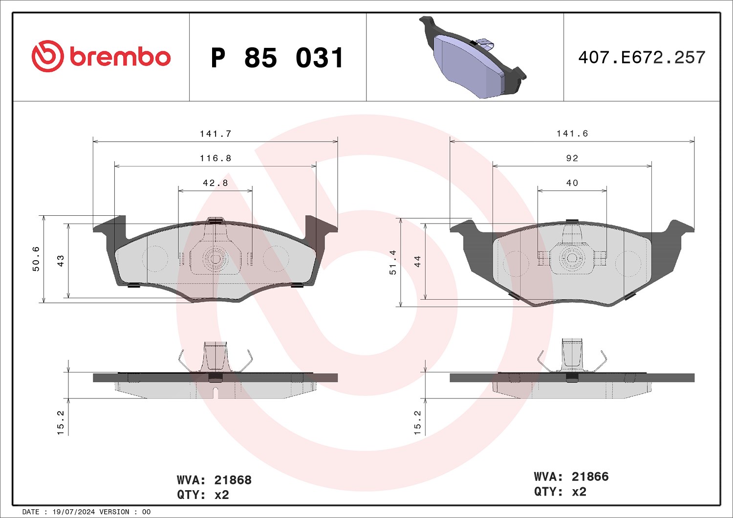 Brembo Bremsbelagsatz, Scheibenbremse [Hersteller-Nr. P85031] für VW, Seat