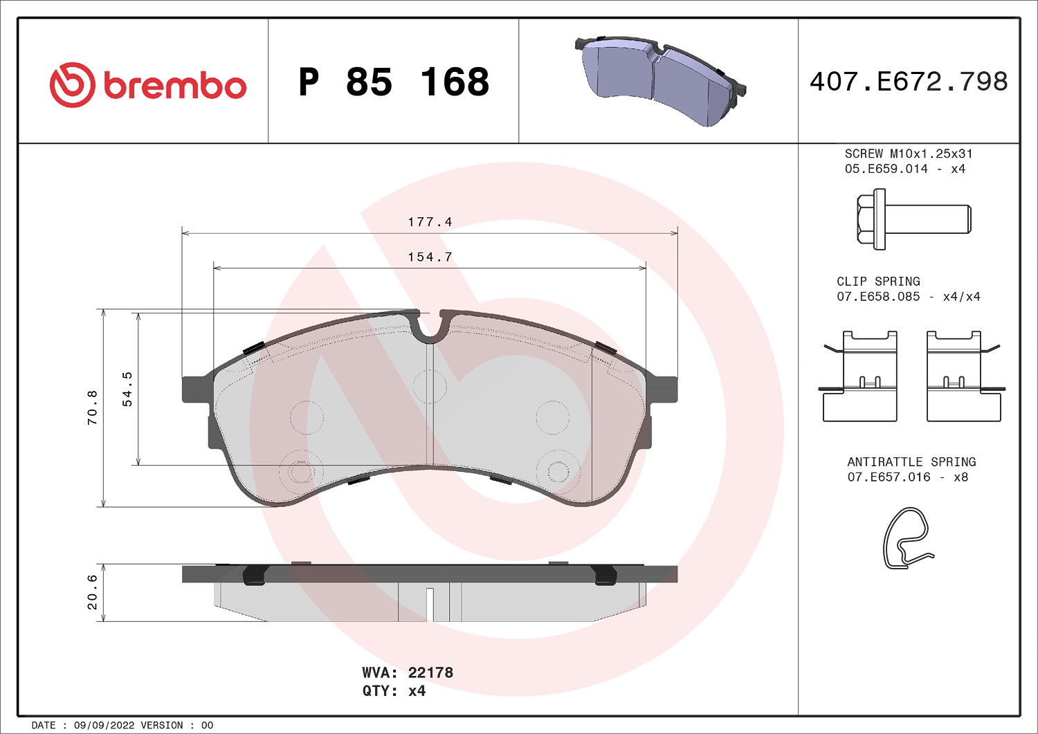 Brembo Bremsbelagsatz, Scheibenbremse [Hersteller-Nr. P85168] für Man, VW