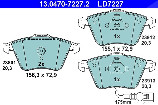 Ate CERAMIC Bremsbelagsatz mit Warnkontakt vorne [Hersteller-Nr. 13.0470-7227.2] für Seat, VW, Audi