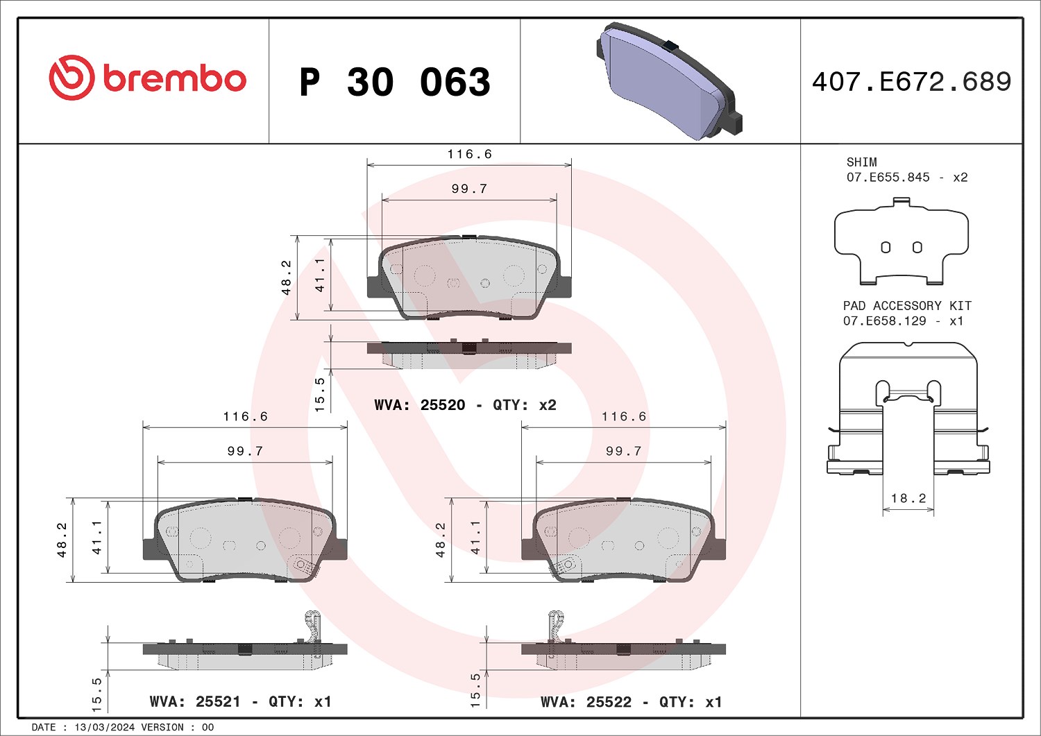Brembo Bremsbelagsatz, Scheibenbremse [Hersteller-Nr. P30063] für Ssangyong, Hyundai, Kia