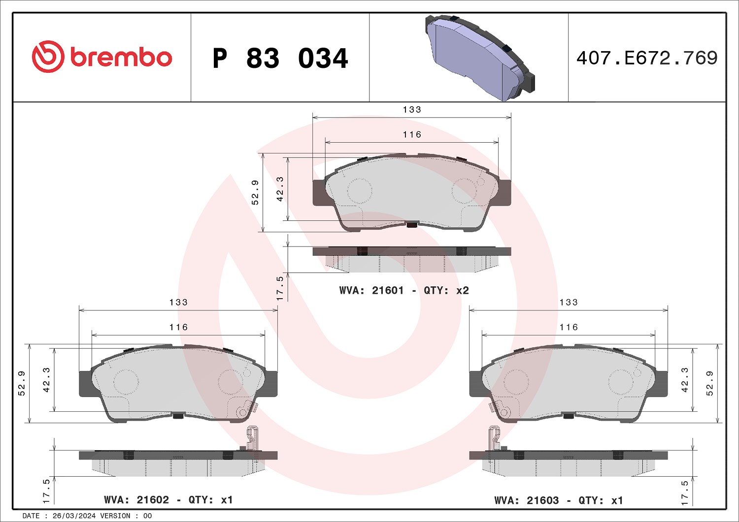 Brembo Bremsbelagsatz, Scheibenbremse [Hersteller-Nr. P83034] für Toyota