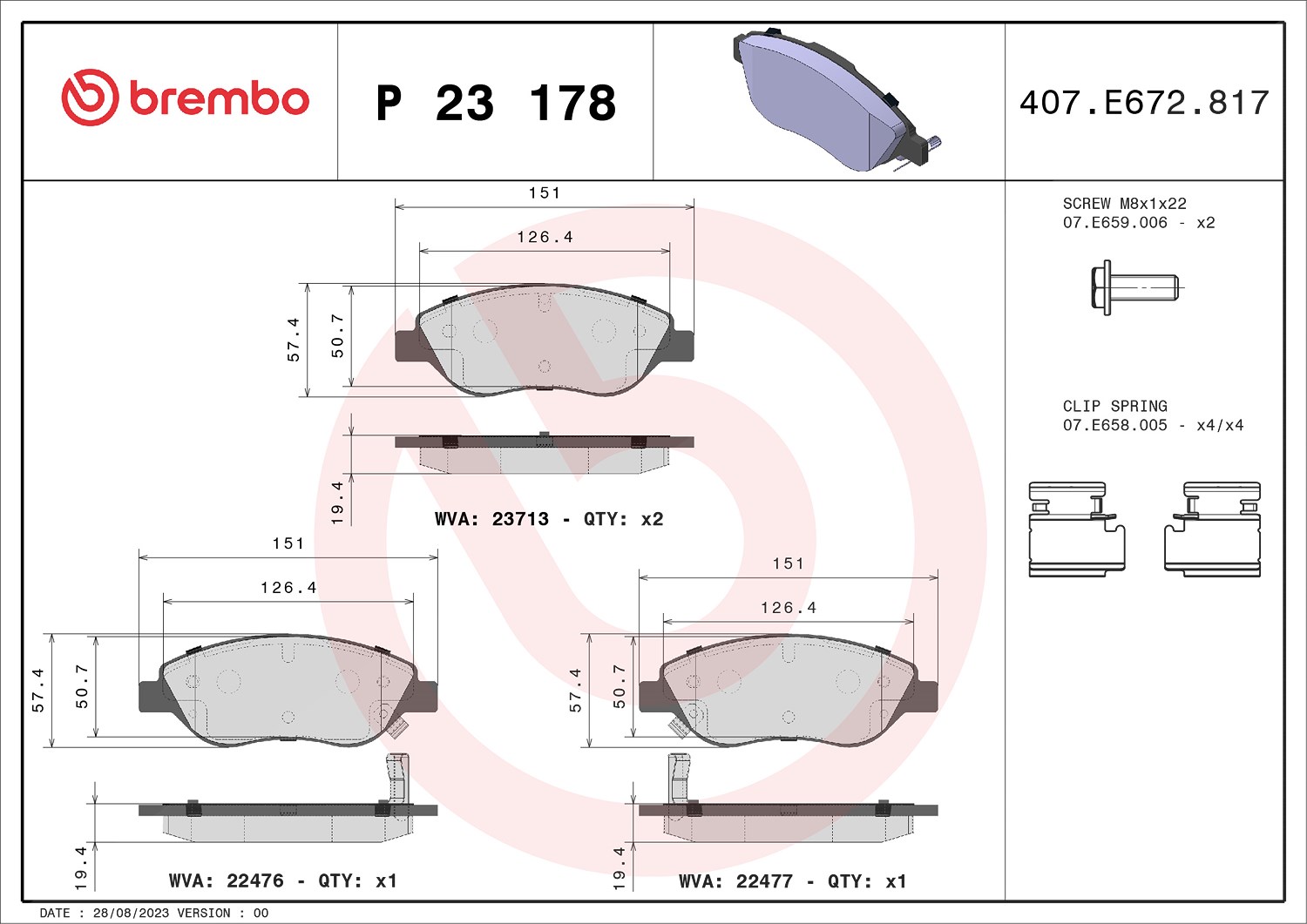 Brembo Bremsbeläge vorne (Satz) [Hersteller-Nr. P23178] für Fiat