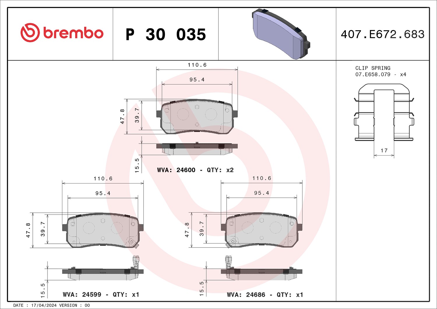Brembo Bremsbeläge hinten (Satz) [Hersteller-Nr. P30035] für Kia, Hyundai