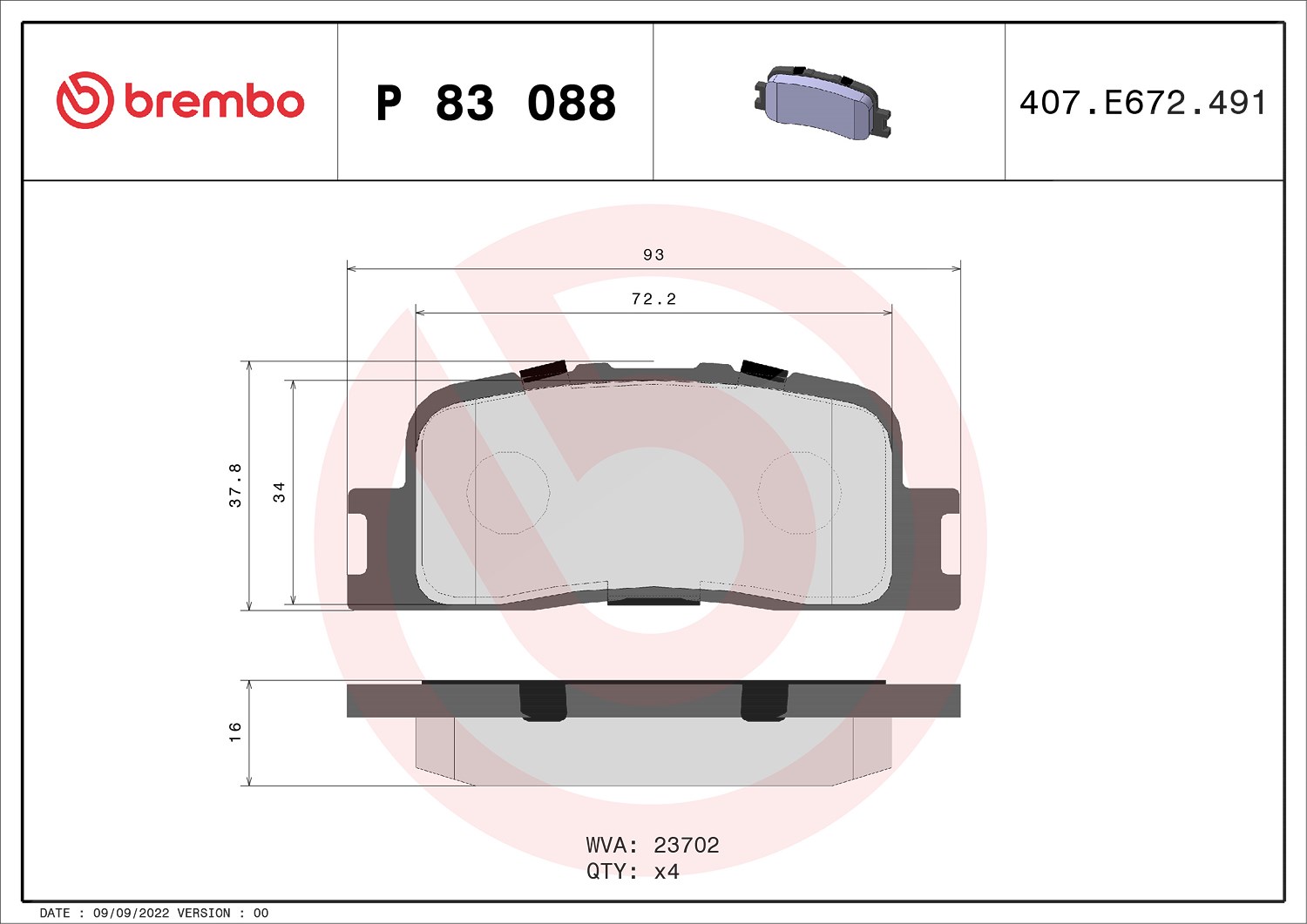 Brembo Bremsbeläge hinten (Satz) [Hersteller-Nr. P83088] für Toyota, Lexus, Chery