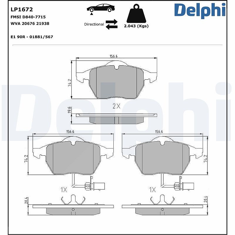 Delphi Bremsbelagsatz, Scheibenbremse [Hersteller-Nr. LP1672] für VW, Skoda, Audi, Seat