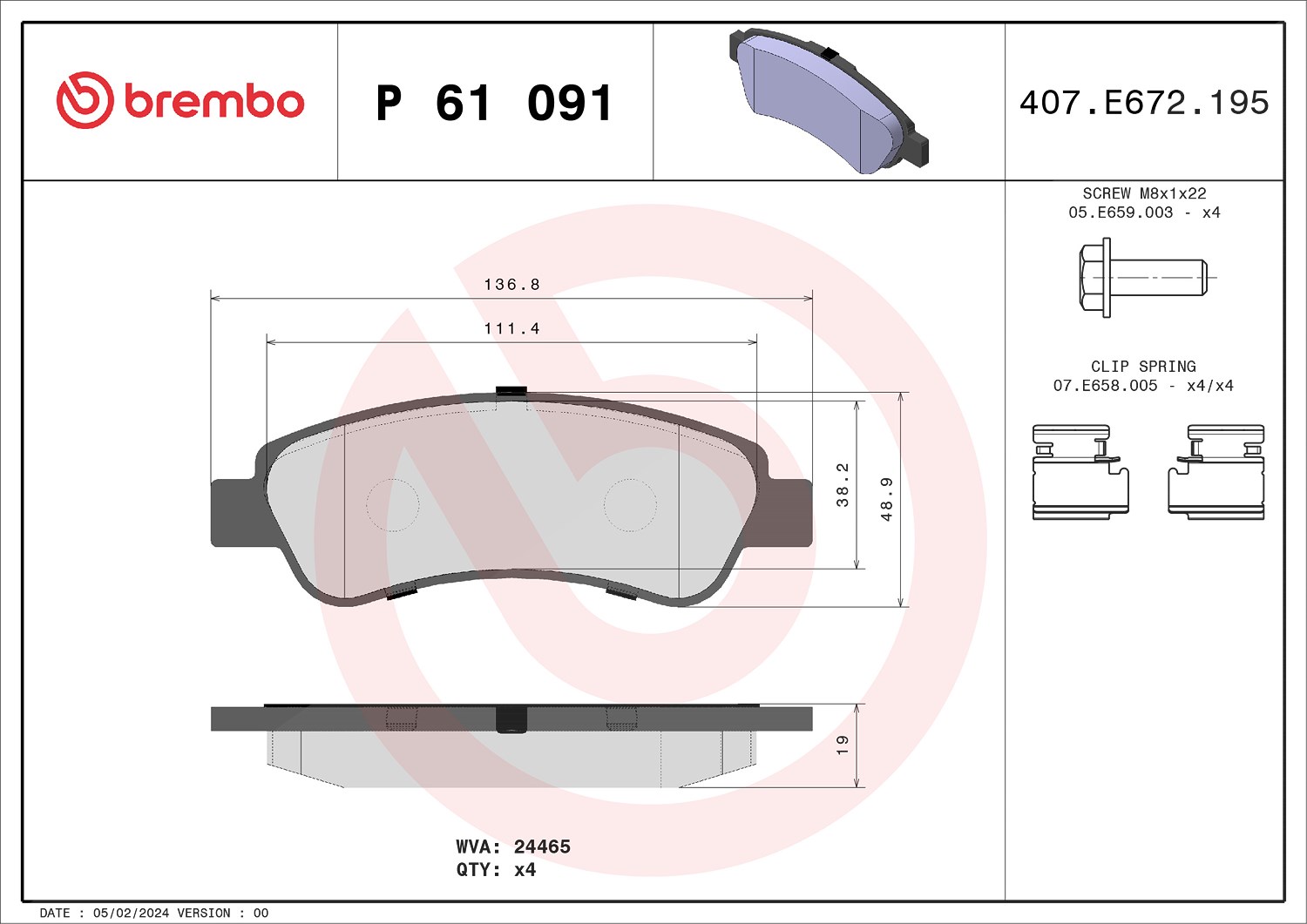 Brembo Bremsbelagsatz, Scheibenbremse [Hersteller-Nr. P61091] für Peugeot, Citroën, Fiat, Vauxhall, Opel