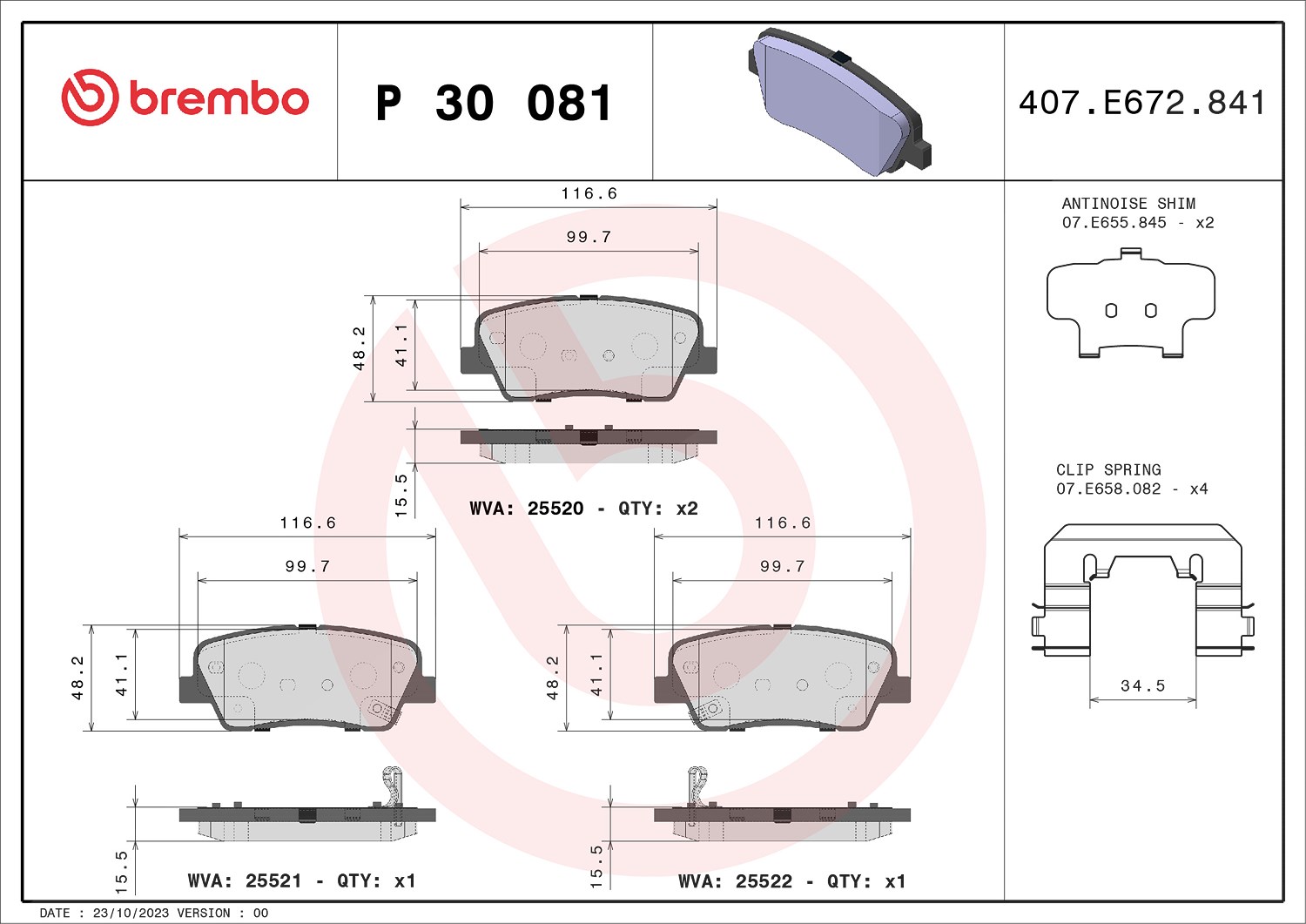 Brembo Bremsbelagsatz, Scheibenbremse [Hersteller-Nr. P30081] für Hyundai, Kia, Genesis