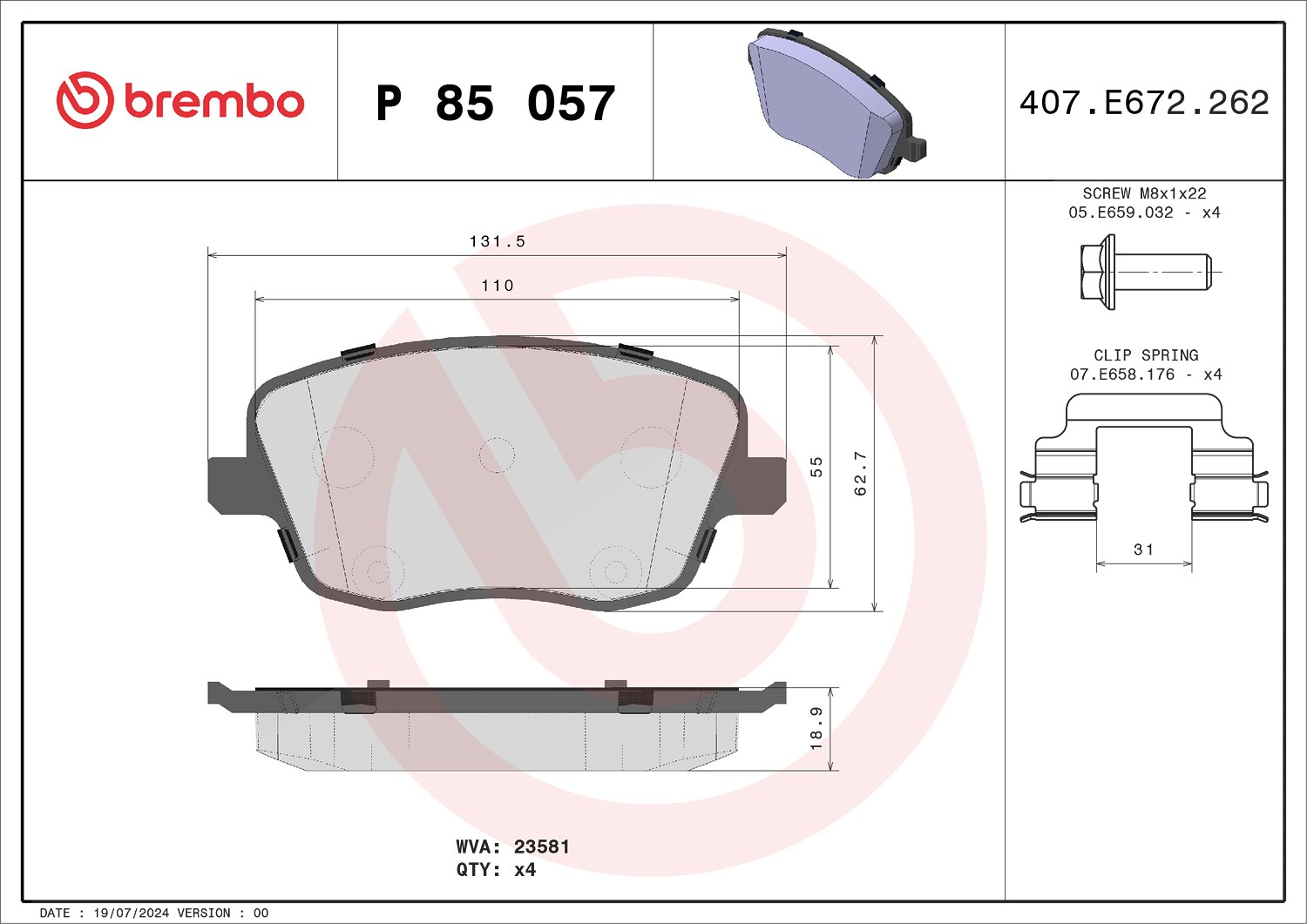 Brembo Bremsbelagsatz, Scheibenbremse [Hersteller-Nr. P85057X] für Seat, VW, Skoda