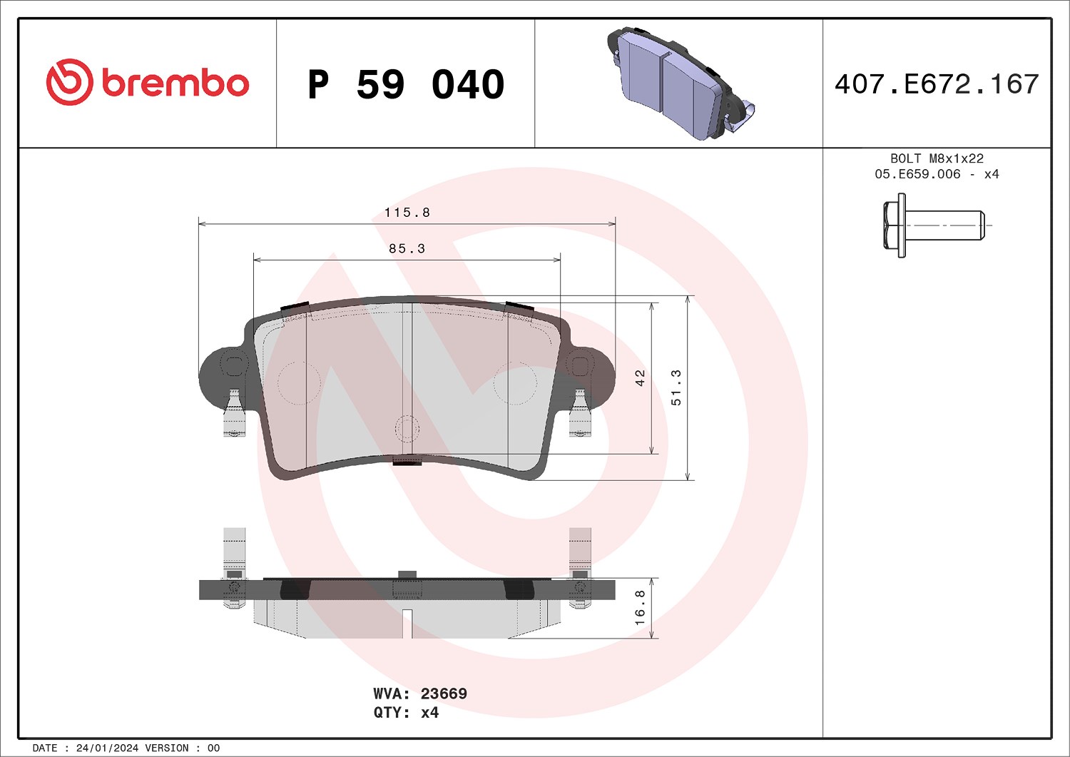 Brembo Bremsbelagsatz, Scheibenbremse [Hersteller-Nr. P59040] für Vauxhall, Nissan, Renault, Opel